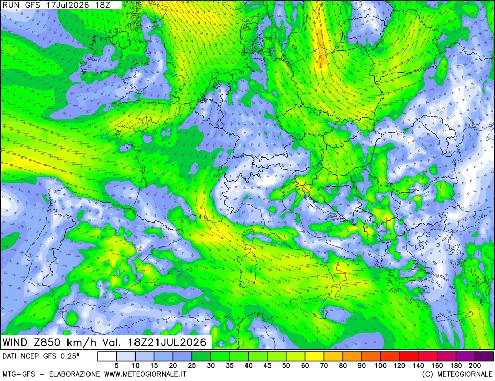 mappa 850 hPa Vento forza e direzione