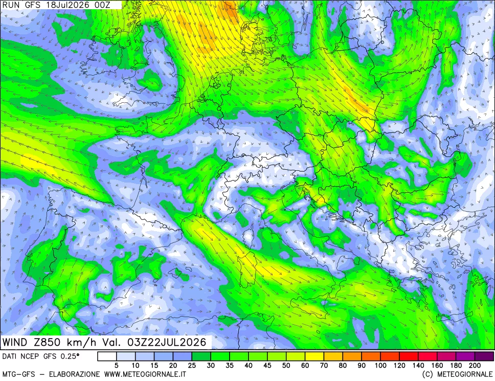 mappa 850 hPa Vento forza e direzione