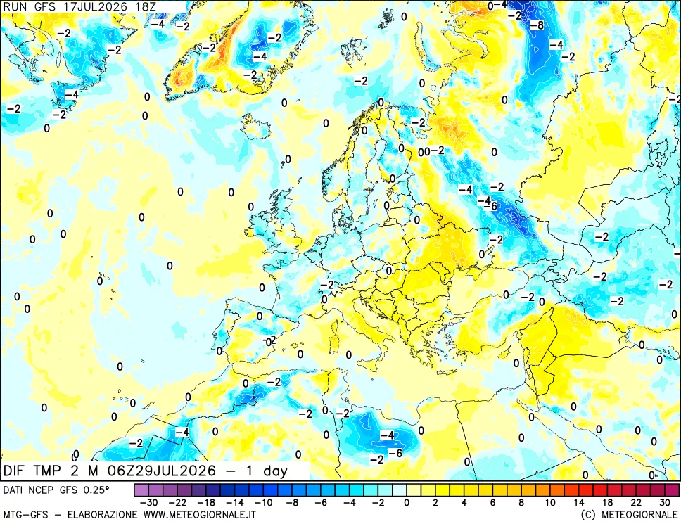 mappa Dif. Temp a 2 metri Valid - 1 day