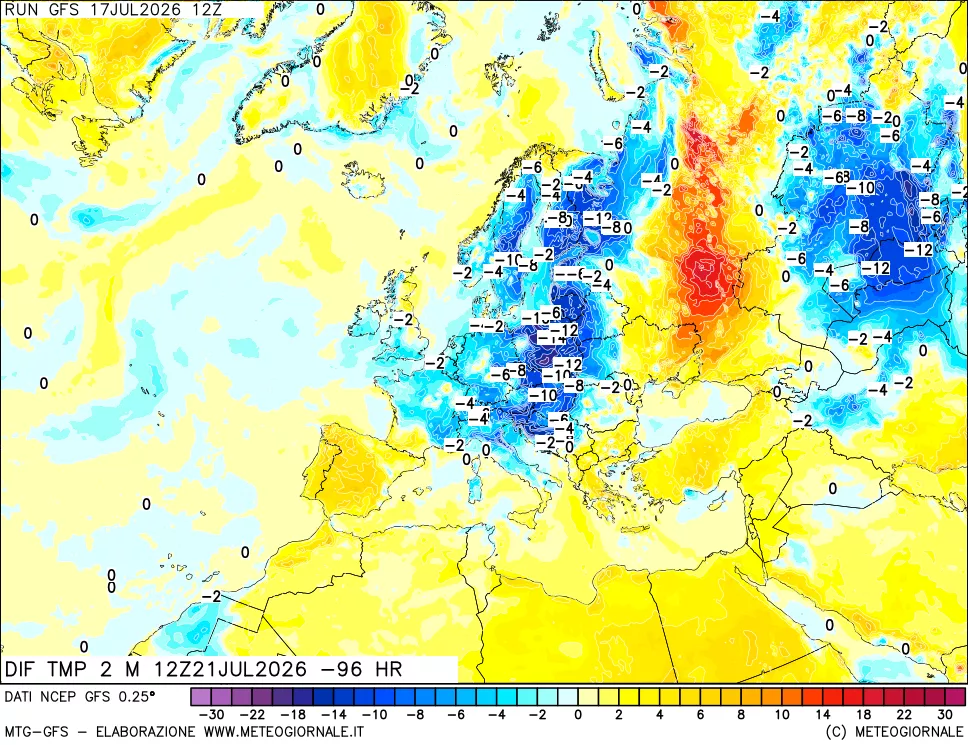 mappa Dif. Temp a 2 metri Valid - Init