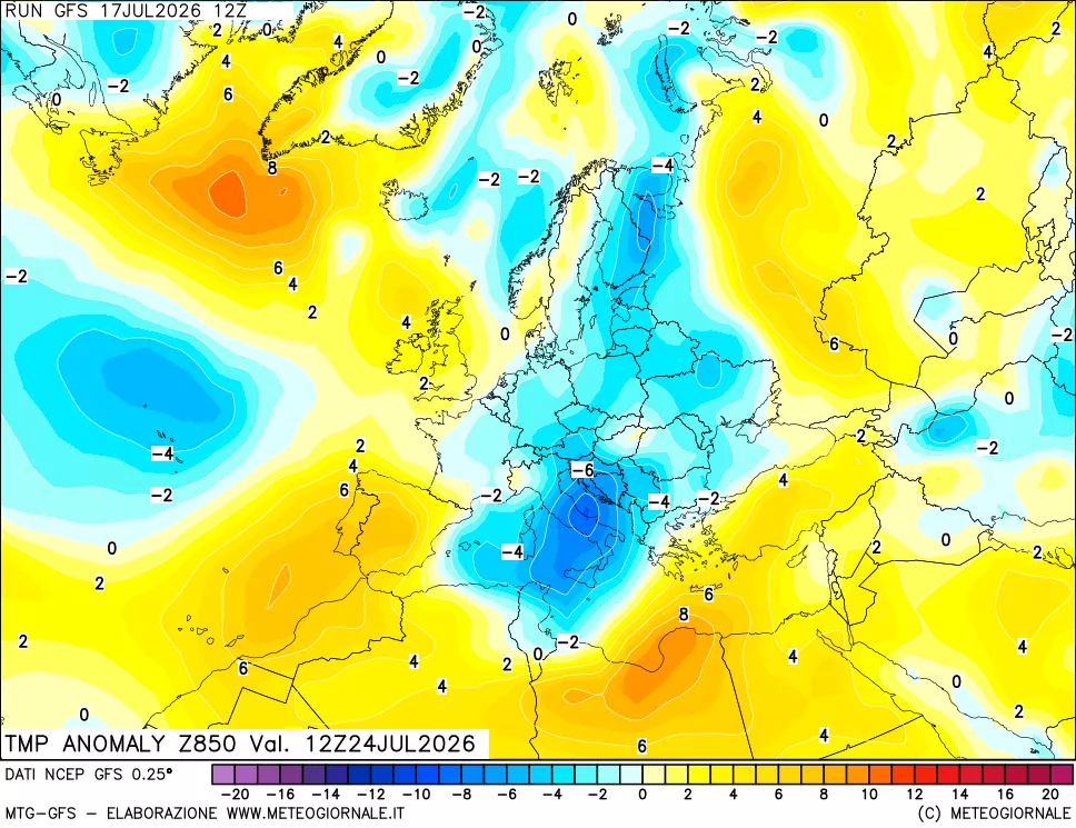 mappa 850 hPa Temp Anomaly vs Cli.No 1981-2010