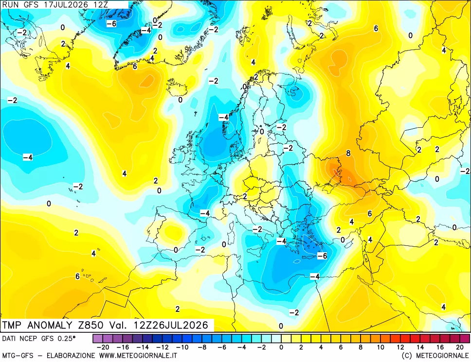 mappa 850 hPa Temp Anomaly vs Cli.No 1981-2010