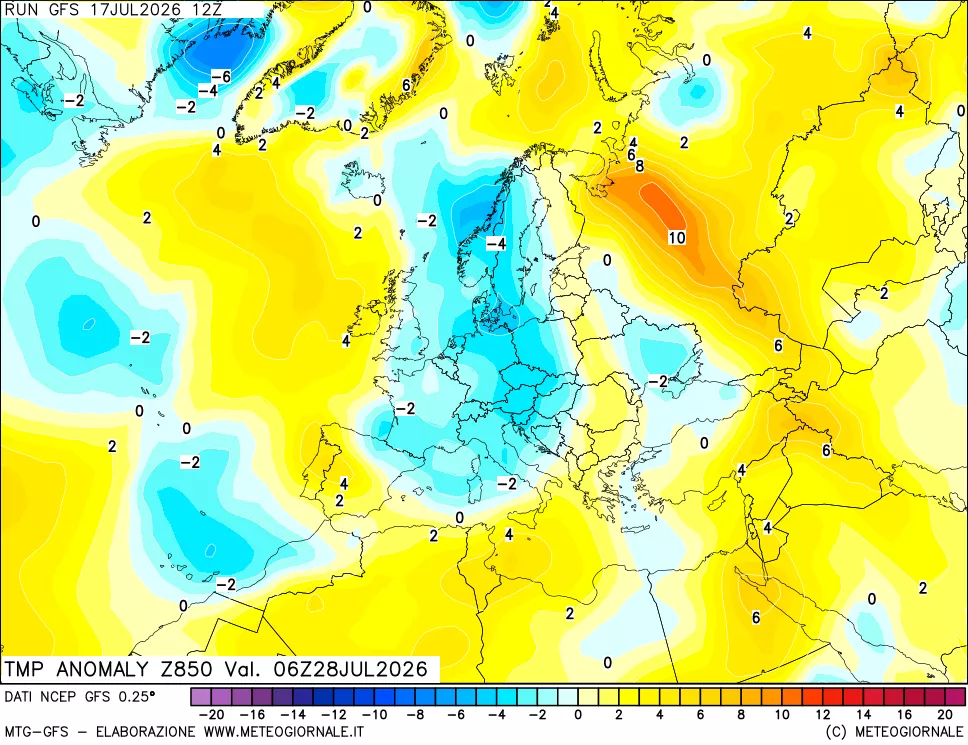 mappa 850 hPa Temp Anomaly vs Cli.No 1981-2010