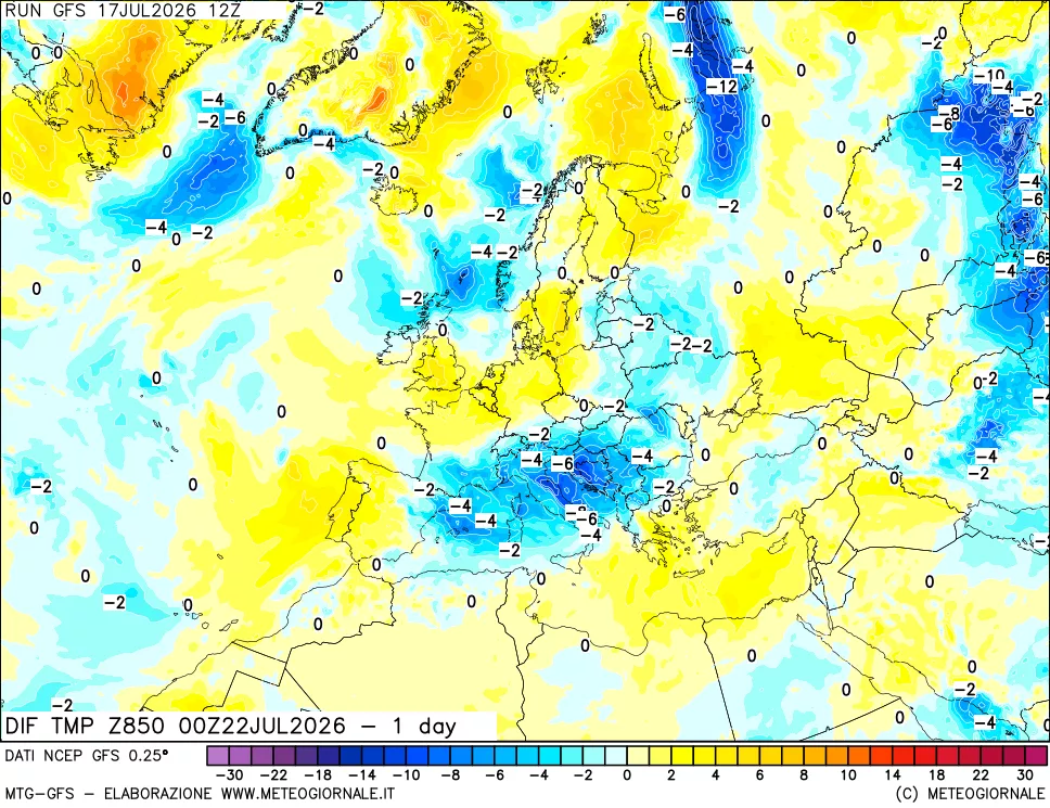 mappa 850 hPA Dif. Temp -24 ore
