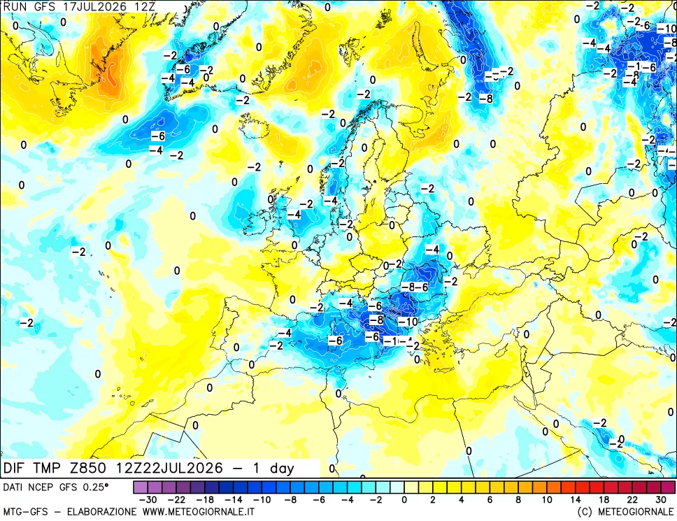 mappa 850 hPA Dif. Temp -24 ore