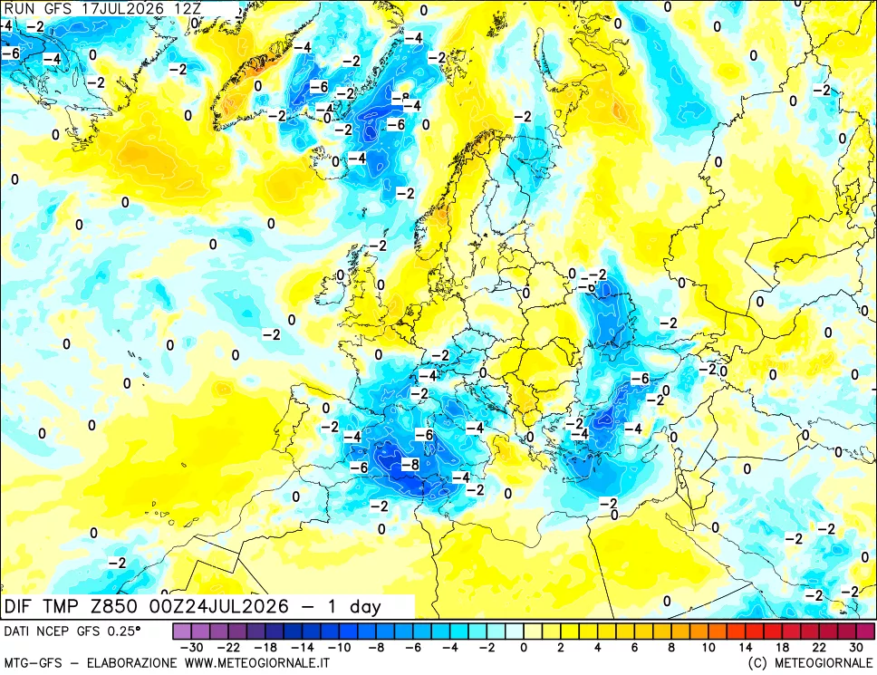 mappa 850 hPA Dif. Temp -24 ore