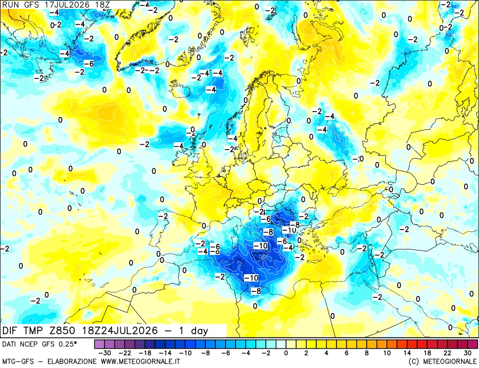 mappa 850 hPA Dif. Temp -24 ore