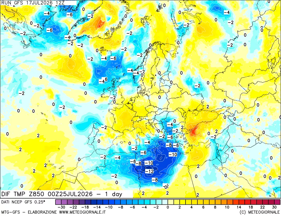 mappa 850 hPA Dif. Temp -24 ore
