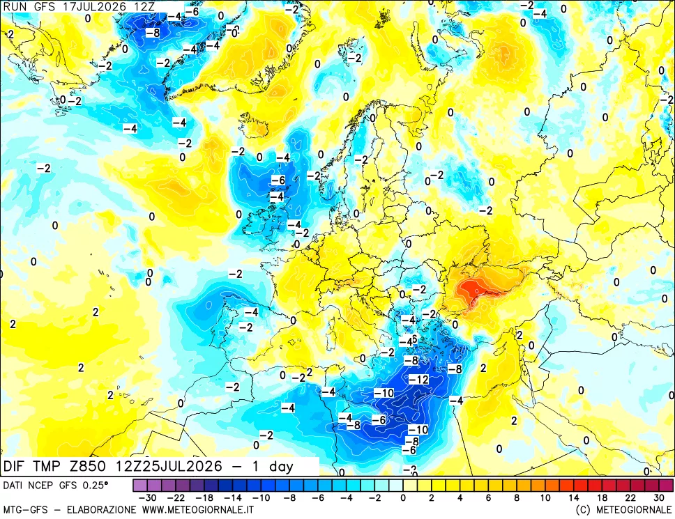 mappa Dif. Temp a 850 hPa Valid - 1 day