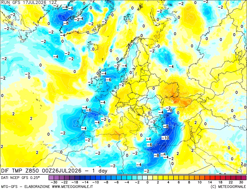 mappa 850 hPA Dif. Temp -24 ore