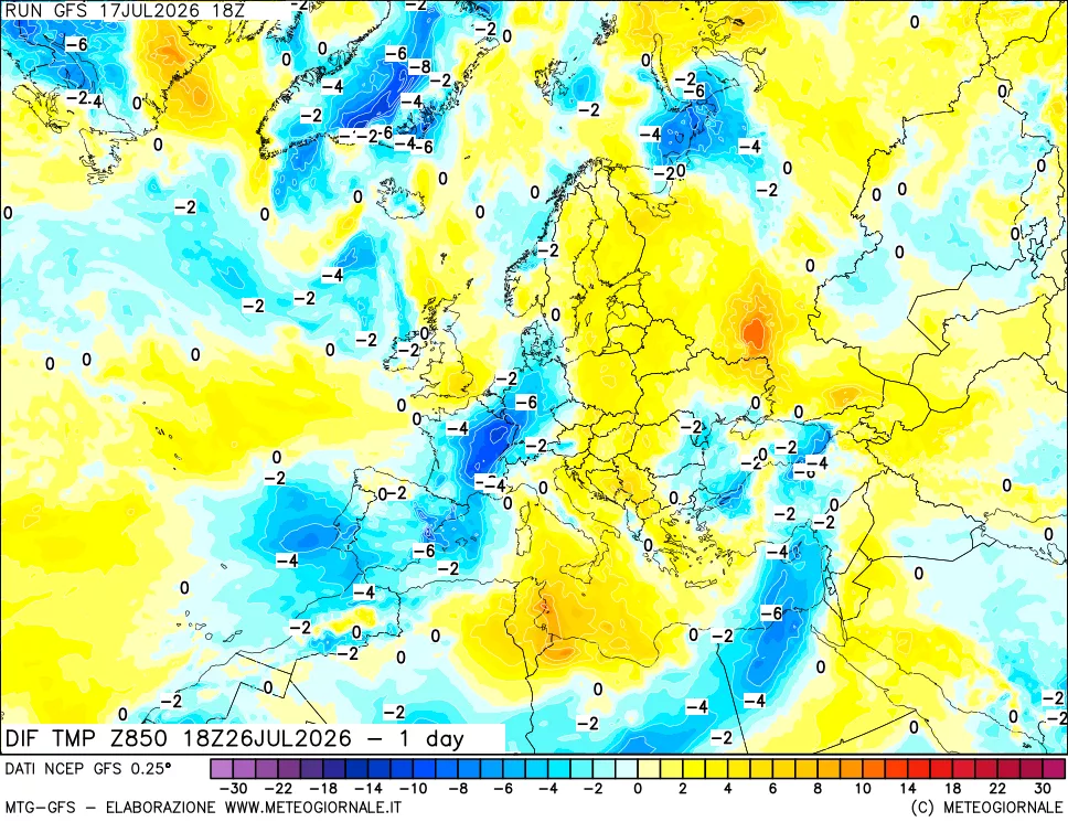 mappa 850 hPA Dif. Temp -24 ore