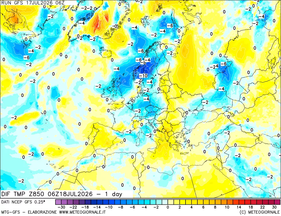 mappa Dif. Temp a 850 hPa Valid - 1 day