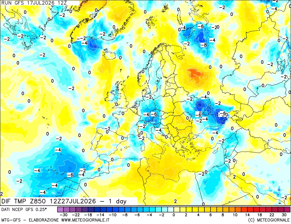 mappa 850 hPA Dif. Temp -24 ore