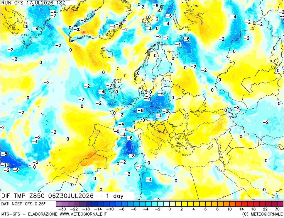mappa Dif. Temp a 850 hPa Valid - 1 day