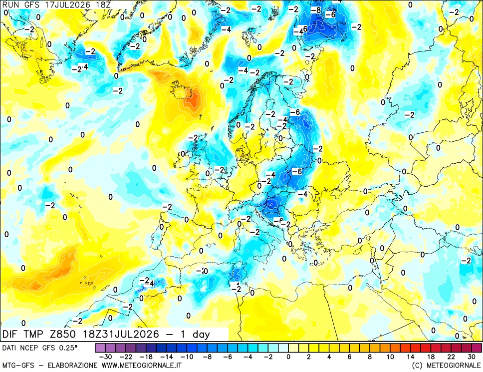 mappa 850 hPA Dif. Temp -24 ore