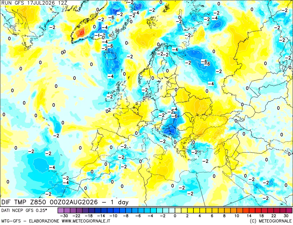 mappa 850 hPA Dif. Temp -24 ore