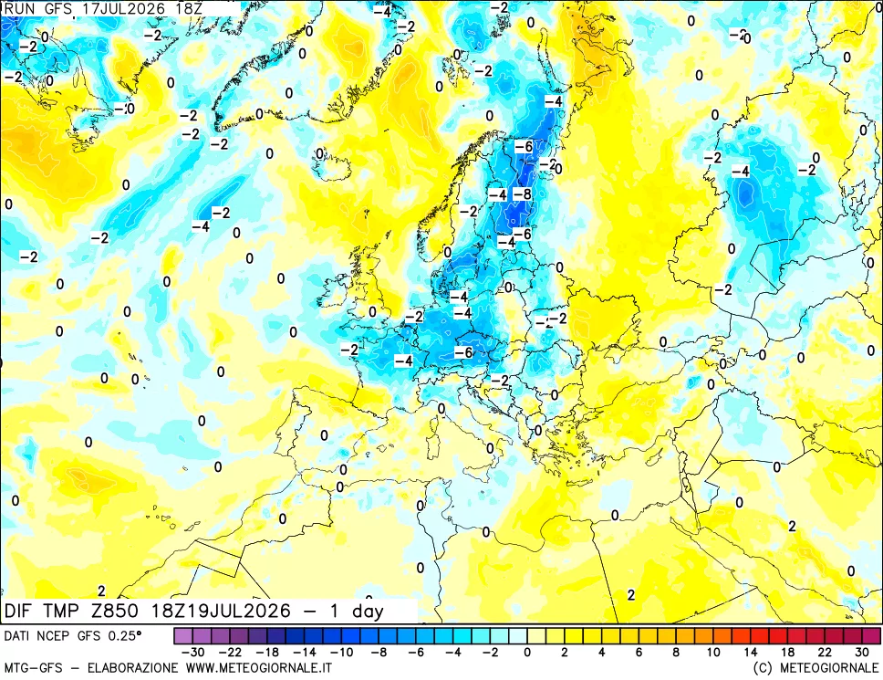mappa 850 hPA Dif. Temp -24 ore