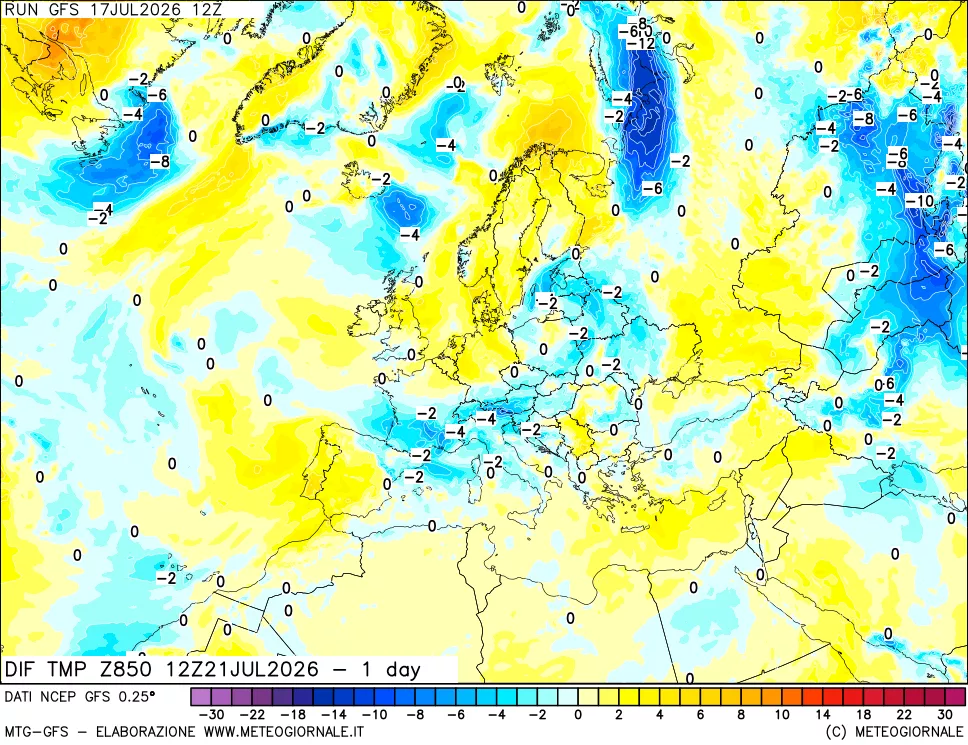 mappa 850 hPA Dif. Temp -24 ore