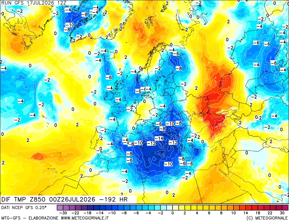 mappa Dif. Temp a 850 hPa Valid - Init