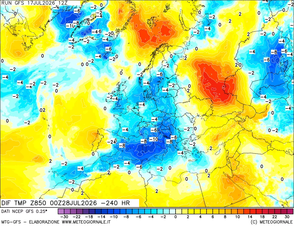 mappa Dif. Temp a 850 hPa Valid - Init