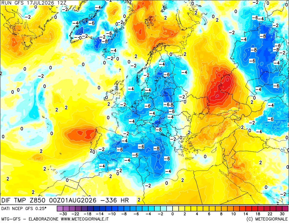mappa Dif. Temp a 850 hPa Valid - Init