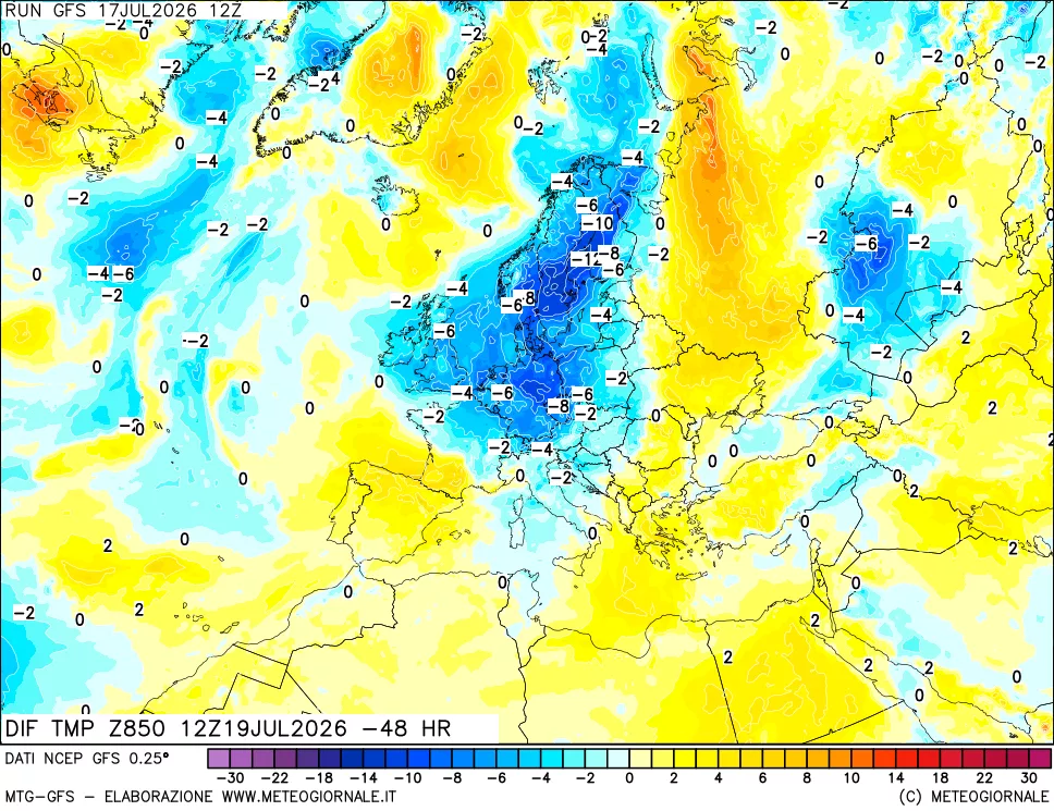 mappa Dif. Temp a 850 hPa Valid - Init