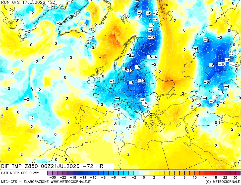 mappa Dif. Temp a 850 hPa Valid - Init