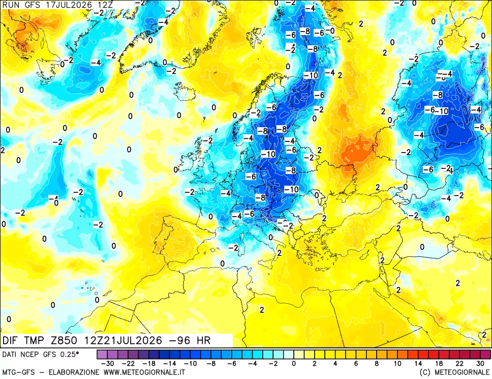 mappa Dif. Temp a 850 hPa Valid - Init