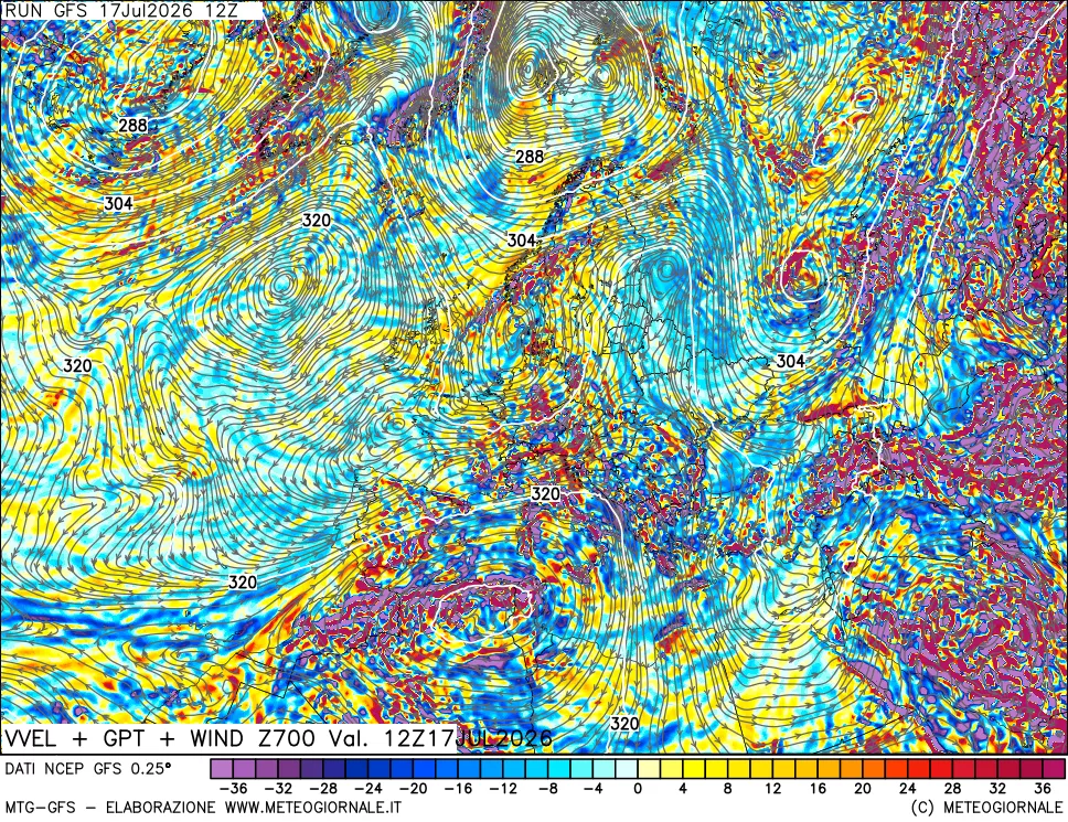 mappa 700 hPa Velocit&agrave; verticiali + GPT + Vento