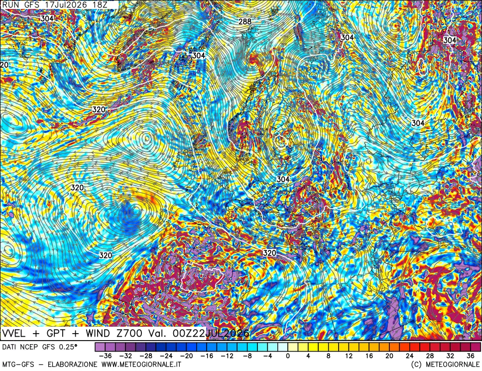 mappa 700 hPa Velocit&agrave; verticiali + GPT + Vento