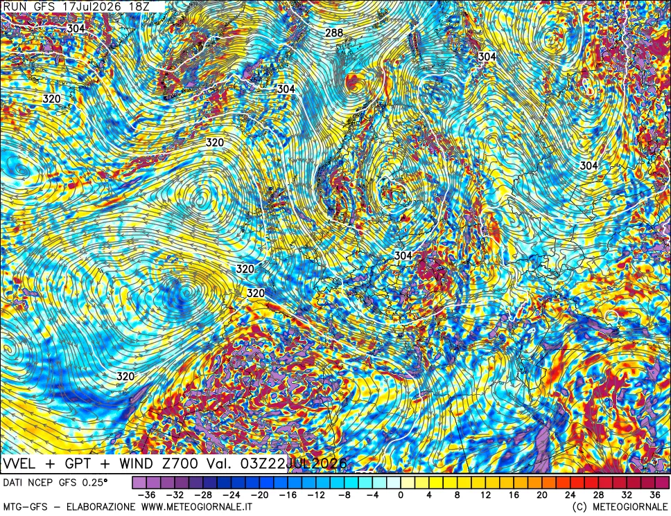mappa 700 hPa Velocit&agrave; verticiali + GPT + Vento