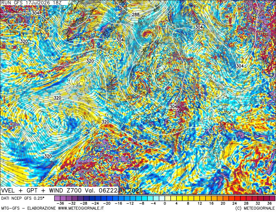 mappa 700 hPa Velocit&agrave; verticiali + GPT + Vento
