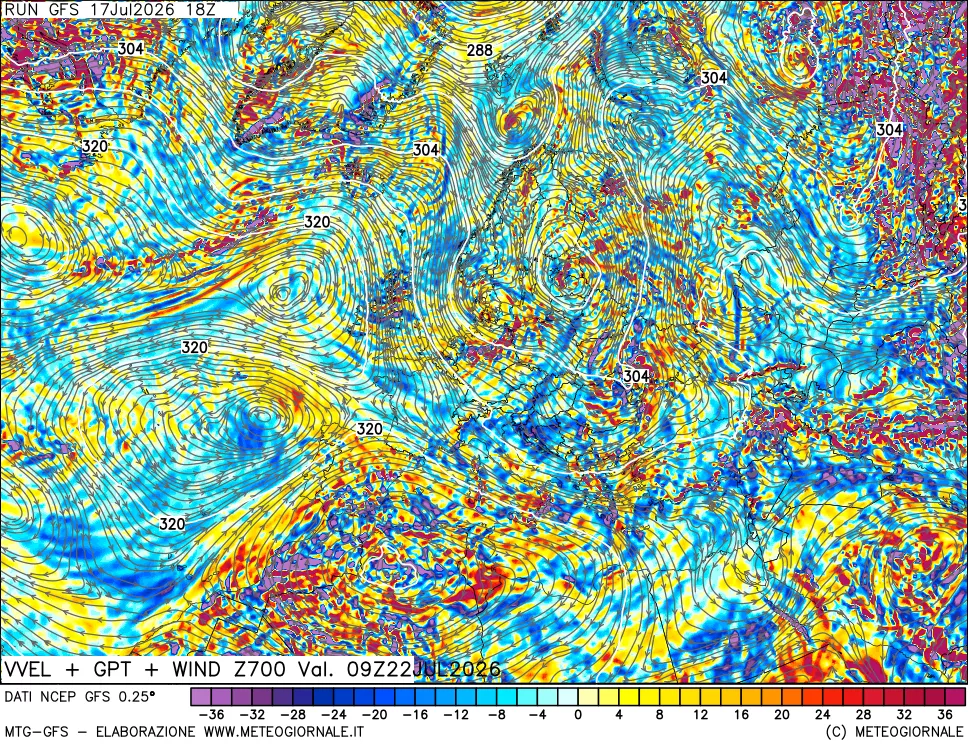 mappa 700 hPa Velocit&agrave; verticiali + GPT + Vento