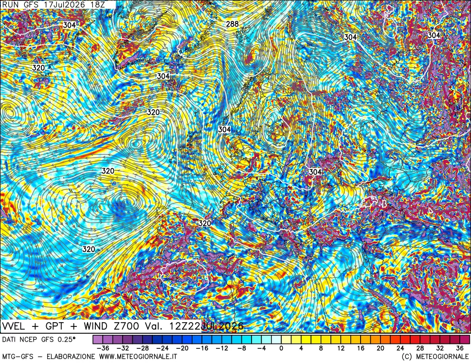 mappa 700 hPa Velocit&agrave; verticiali + GPT + Vento