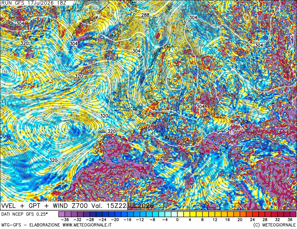 mappa 700 hPa Velocit&agrave; verticiali + GPT + Vento