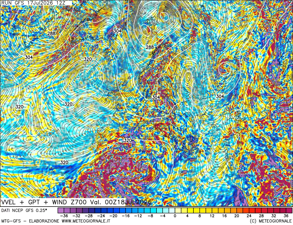 mappa 700 hPa Velocit&agrave; verticiali + GPT + Vento