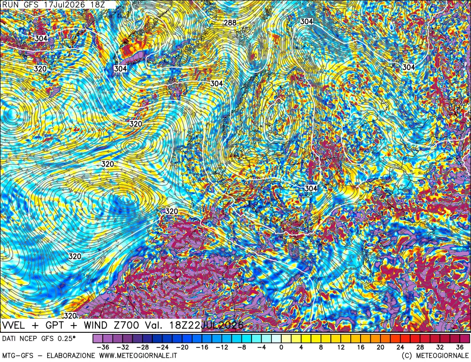 mappa 700 hPa Velocit&agrave; verticiali + GPT + Vento