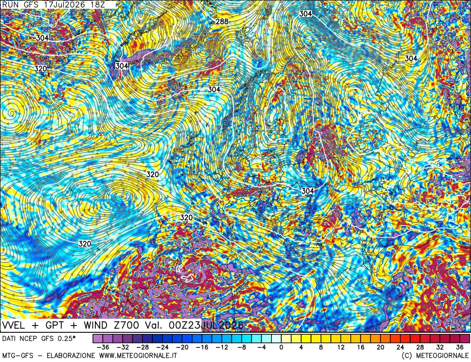 mappa 700 hPa Velocit&agrave; verticiali + GPT + Vento