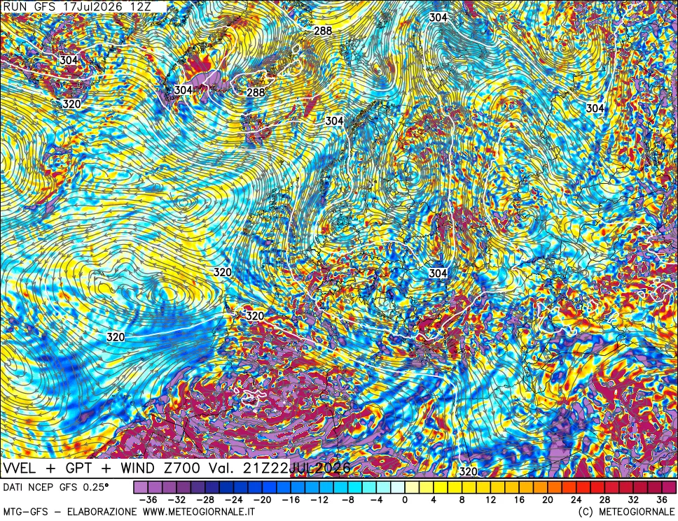 mappa 700 hPa Velocit&agrave; verticiali + GPT + Vento