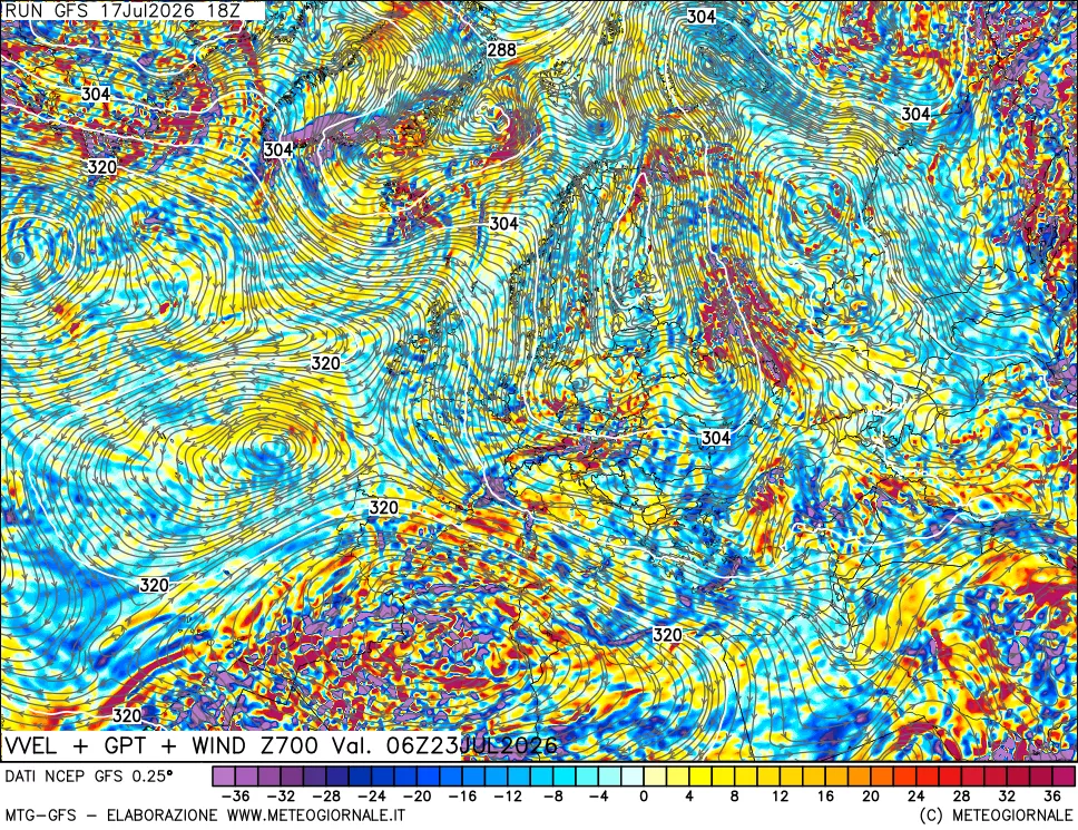 mappa 700 hPa Velocit&agrave; verticiali + GPT + Vento