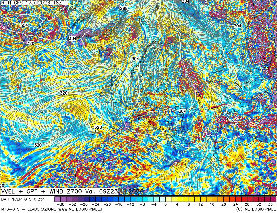 mappa 700 hPa Velocit&agrave; verticiali + GPT + Vento