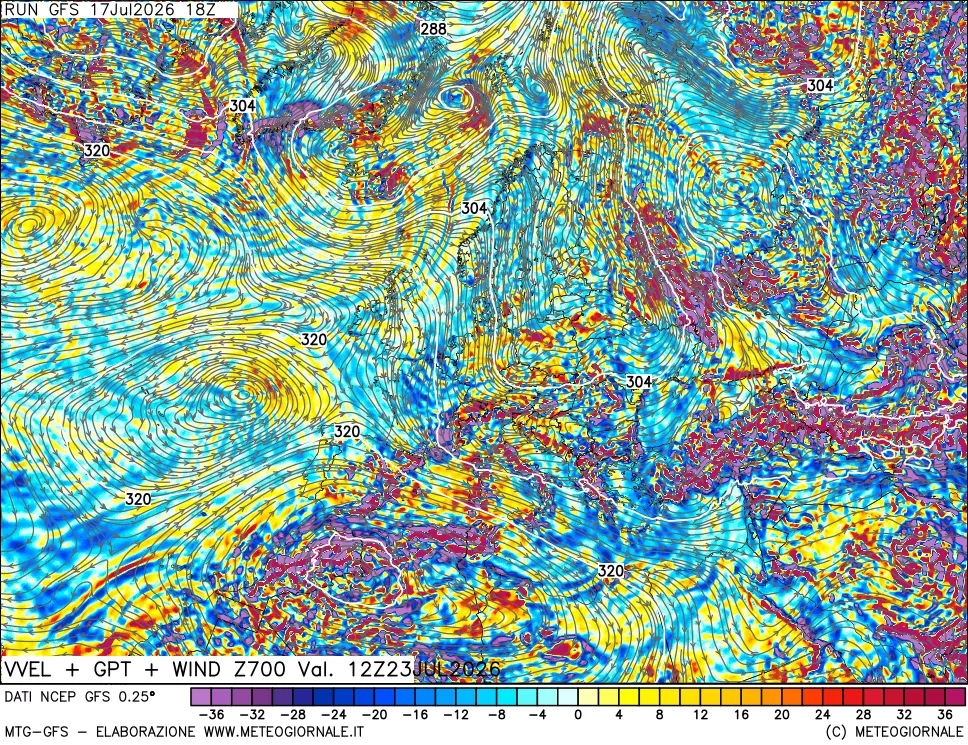 mappa 700 hPa Velocit&agrave; verticiali + GPT + Vento