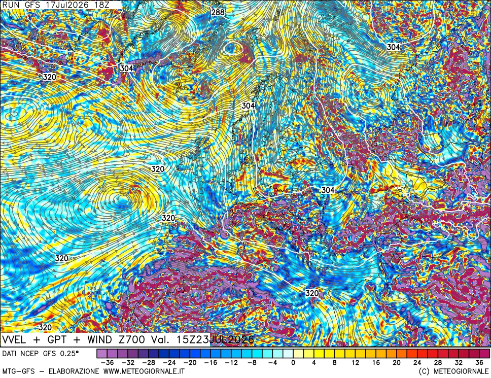 mappa 700 hPa Velocit&agrave; verticiali + GPT + Vento