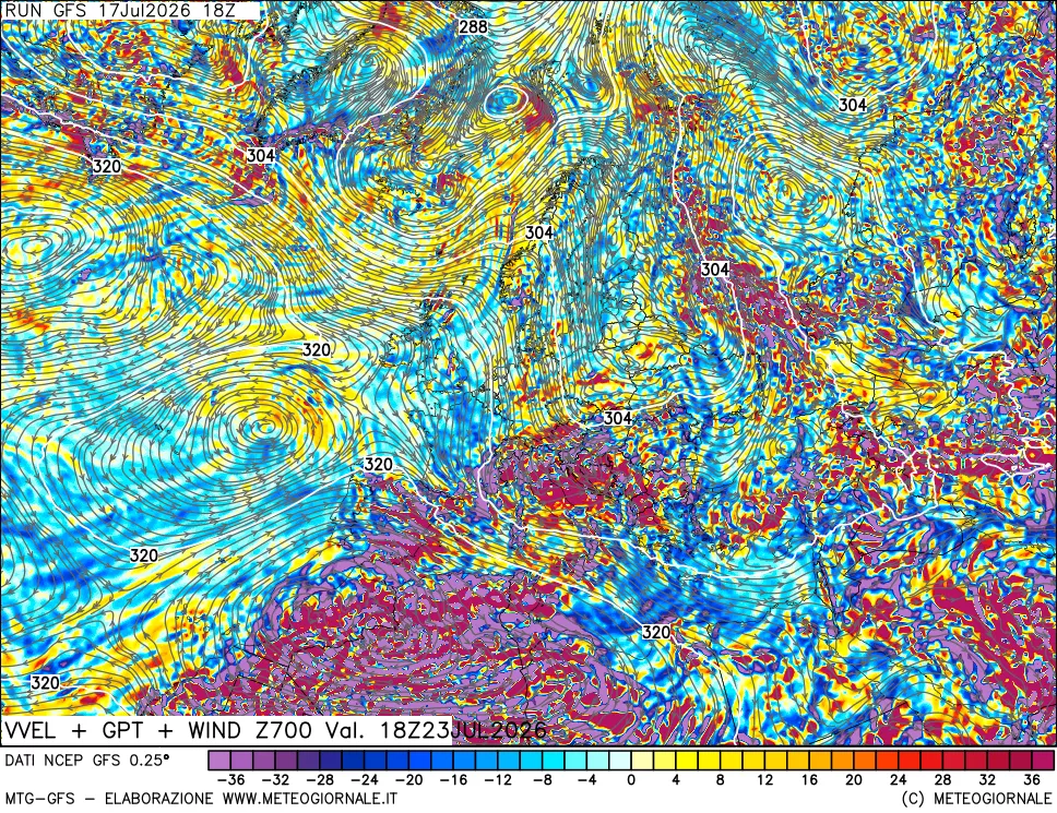 mappa 700 hPa Velocit&agrave; verticiali + GPT + Vento