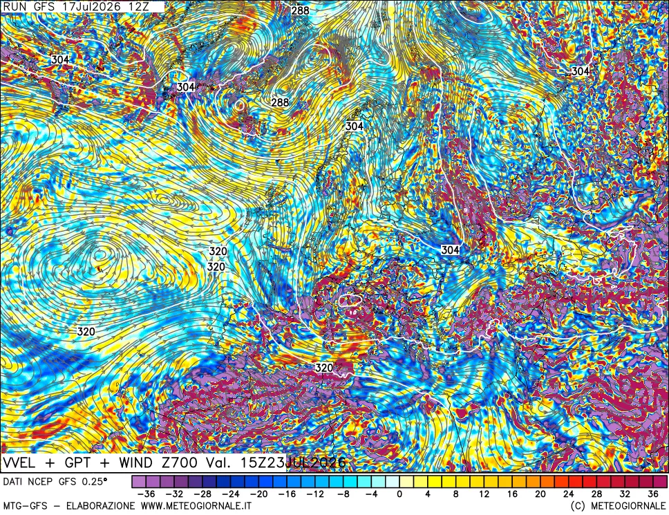 mappa 700 hPa Velocit&agrave; verticiali + GPT + Vento