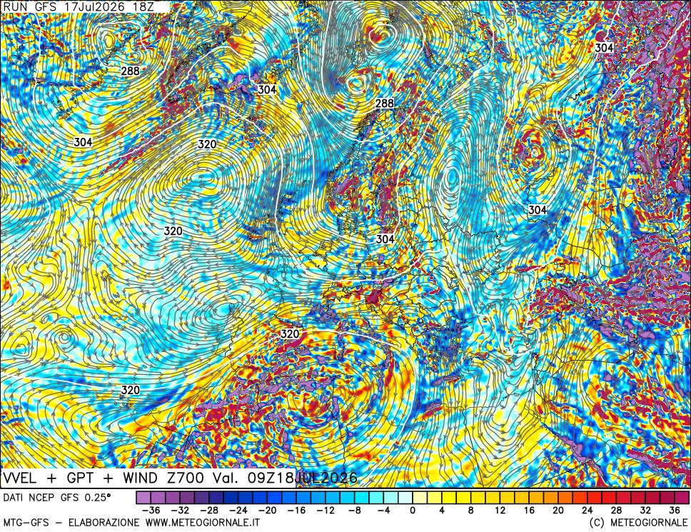 mappa 700 hPa Velocit&agrave; verticiali + GPT + Vento