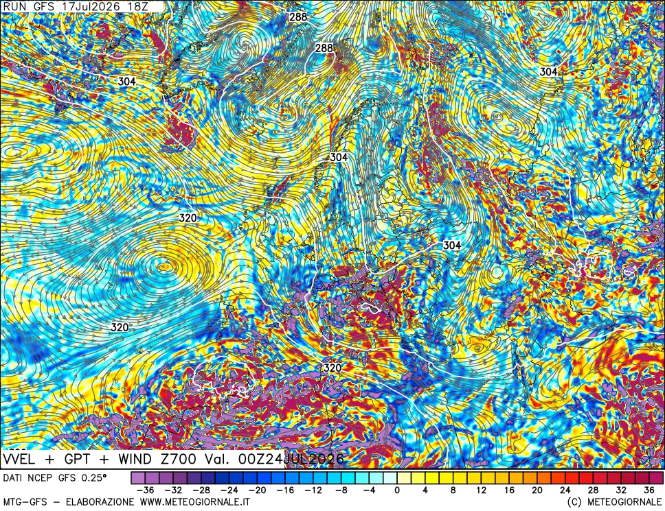 mappa 700 hPa Velocit&agrave; verticiali + GPT + Vento