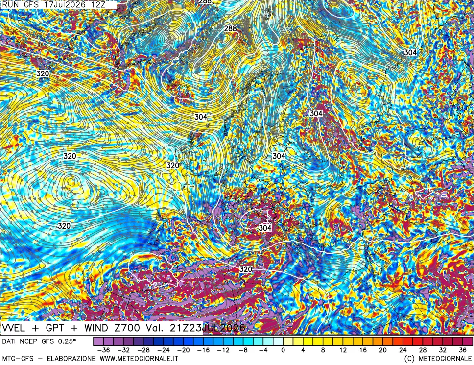 mappa 700 hPa Velocit&agrave; verticiali + GPT + Vento