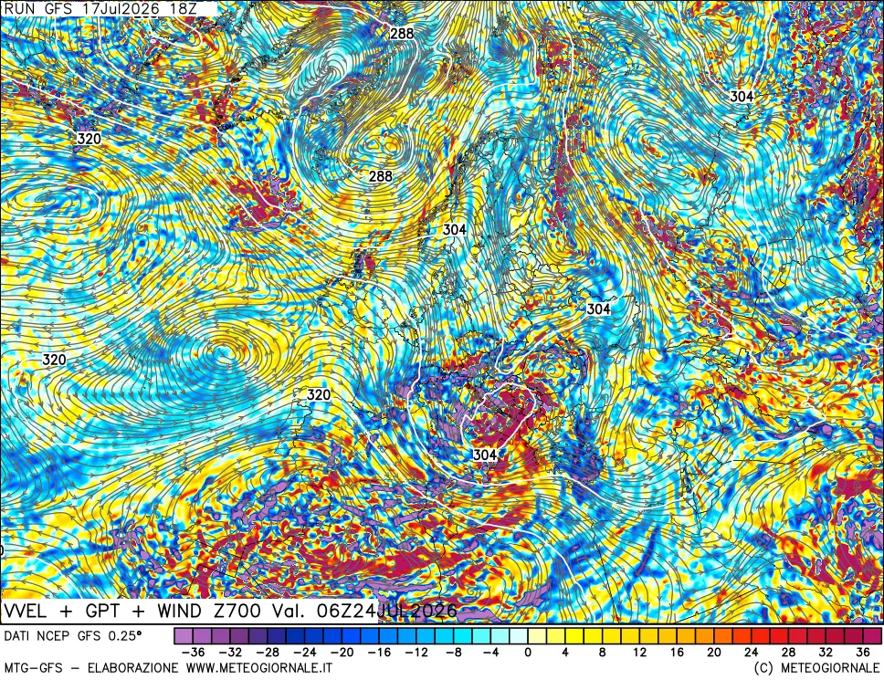 mappa 700 hPa Velocit&agrave; verticiali + GPT + Vento