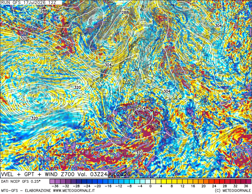 mappa 700 hPa Velocit&agrave; verticiali + GPT + Vento